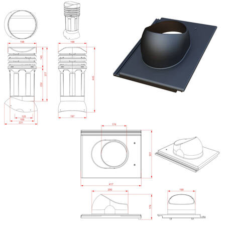 Verstellbarer Entlüfterkamin DN125 mm für Betondachziegel, Dachziegel - Dachdurchführung für Dachlüftung