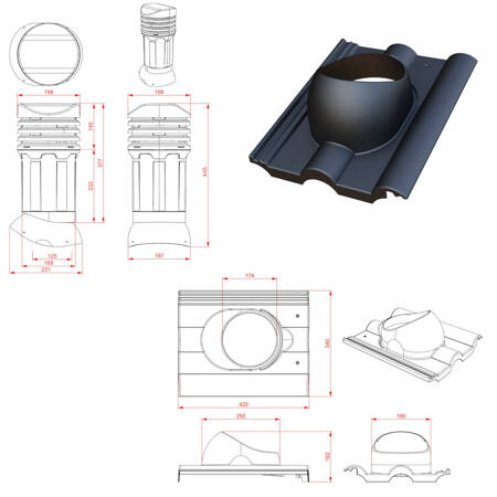 Verstellbarer Entlüfterkamin DN125 mm für Betondachziegel, Dachziegel - Dachdurchführung für Dachlüftung