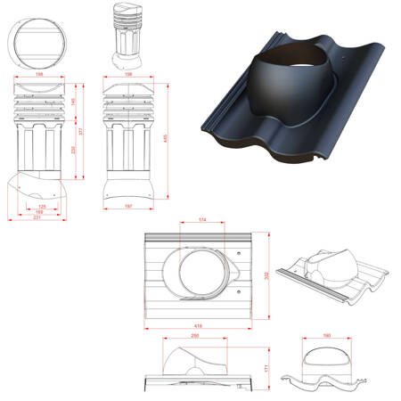 Verstellbarer Entlüfterkamin DN125 mm für Betondachziegel, Dachziegel - Dachdurchführung für Dachlüftung