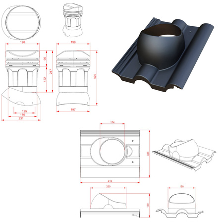 Niedriger Entlüfterkamin DN125 mm für Betondachziegel, Dachziegel - Dachdurchführung für Dachlüftung, 325 mm hoch