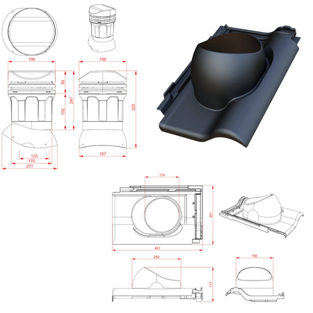 Niedriger Entlüfterkamin DN125 mm für Tondachziegel, Dachziegel - Dachdurchführung für Dachlüftung, 325 mm hoch