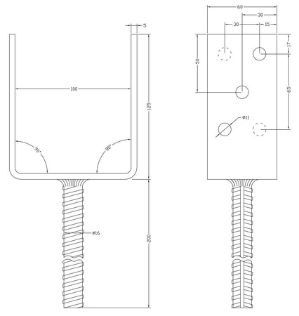 [LB-04] Tischlerei Stützenfuß Typ U für Bauwesen Montage 100 x 60 x 125 x 5 mm