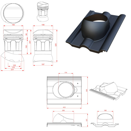 Niedriger Entlüfterkamin DN125 mm für Betondachziegel, Dachziegel - Dachdurchführung für Dachlüftung, 325 mm hoch