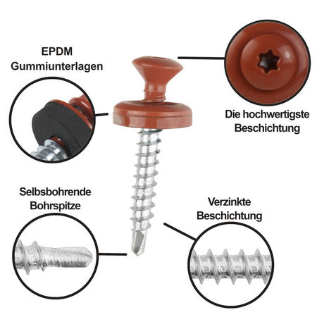 PAROTEC Trapezblechschrauben 4,8 mm x 35 mm, 250 Stück Selbstschneidende Schrauben mit EPDM Dichtscheibe Torx Linsenkopf