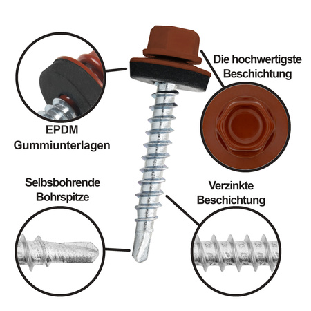 PAROTEC Trapezblechschrauben 4,8 mm x 70 mm, 200 Stück Selbstschneidende Schrauben mit EPDM Dichtscheibe Sechskantkopf