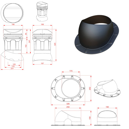 Niedriger Entlüfterkamin DN125 mm für Flachprofilige Bedeckung - Dachdurchführung für Dachlüftung, 325 mm hoch