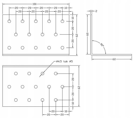 [KP-10] Tischlerei Lochplattenwinkel für Bauwesen Montage 60 x 60 x 100 x 2 mm