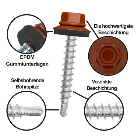 PAROTEC Trapezblechschrauben 4,8 mm x 55 mm, 200 Stück Selbstschneidende Schrauben mit EPDM Dichtscheibe Sechskantkopf