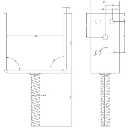 [LB-07] Tischlerei Stützenfuß Typ U für Bauwesen Montage 120 x 60 x 125 x 5 mm