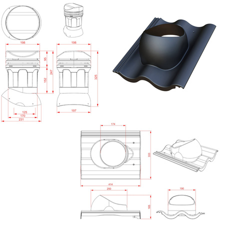 Niedriger Entlüfterkamin DN125 mm für Betondachziegel, Dachziegel - Dachdurchführung für Dachlüftung, 325 mm hoch