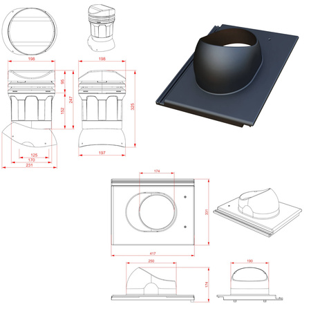 Niedriger Entlüfterkamin DN125 mm für Betondachziegel, Dachziegel - Dachdurchführung für Dachlüftung, 325 mm hoch