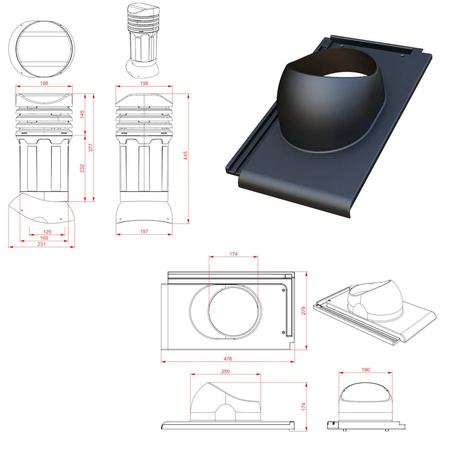 Verstellbarer Entlüfterkamin DN125 mm für Tondachziegel, Dachziegel - Dachdurchführung für Dachlüftung