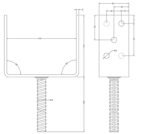 [LB-08] Tischlerei Stützenfuß Typ U für Bauwesen Montage 140 x 60 x 125 x 5 mm