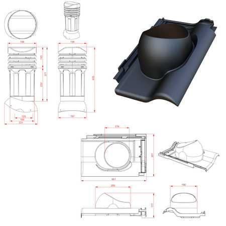 Isolierter Entlüfterkamin DN125 mm für Tondachziegel, Dachziegel - Dachdurchführung für Dachlüftung